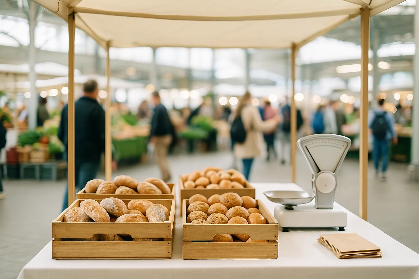 Marktstand mit Brot und Brötchen in Kisten