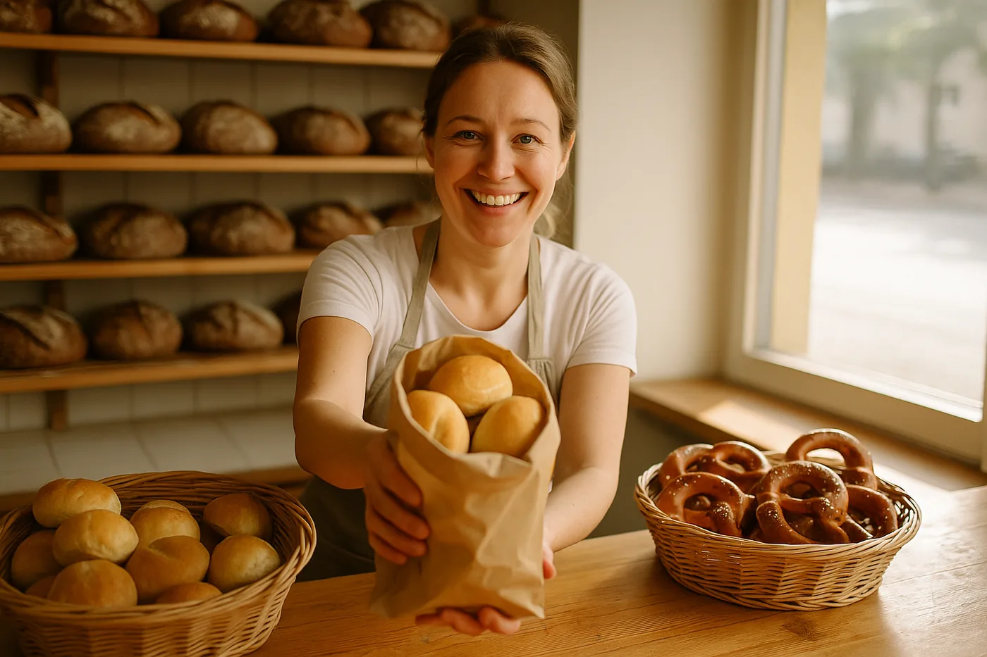 Ladentheke der Bäckerei Knopp mit Brot, Brötchen, Brezel, Kuchen und Kaffee