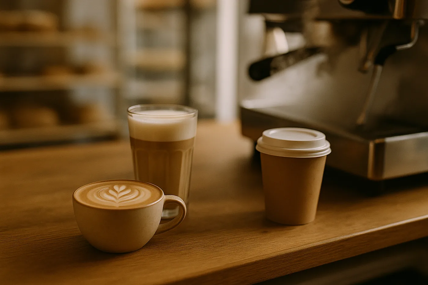 Tasse Kaffee und Becher zum Mitnehmen