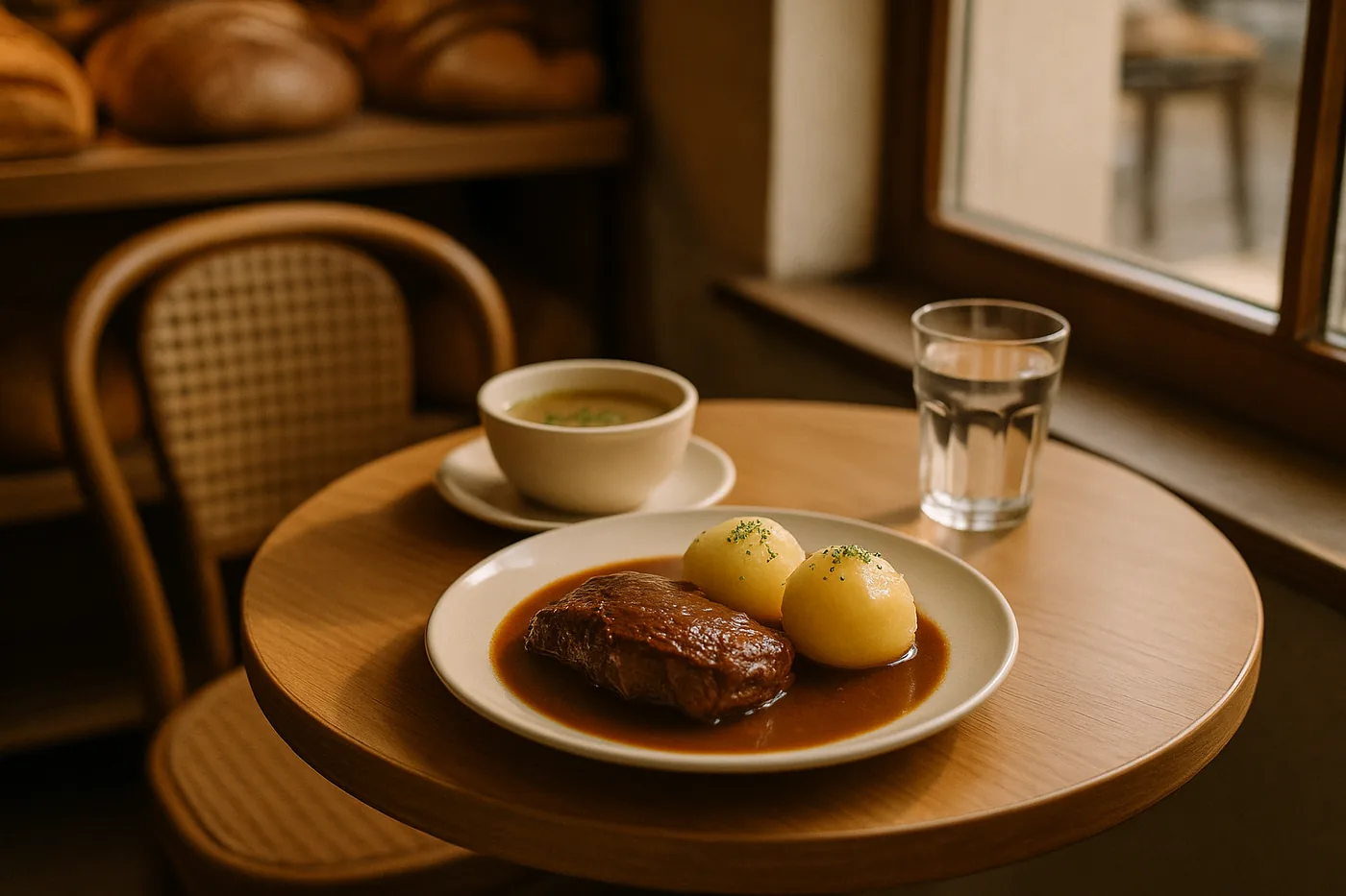 Warmes Mittagsgericht mit Kaffee