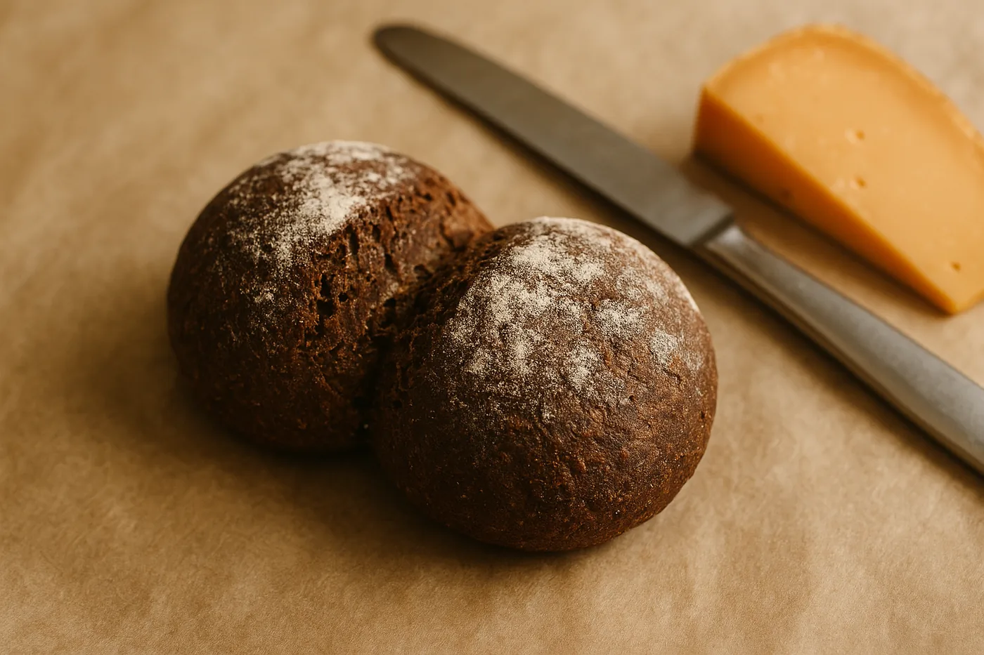 Zwei runde Roggenbrötchen im Doppel